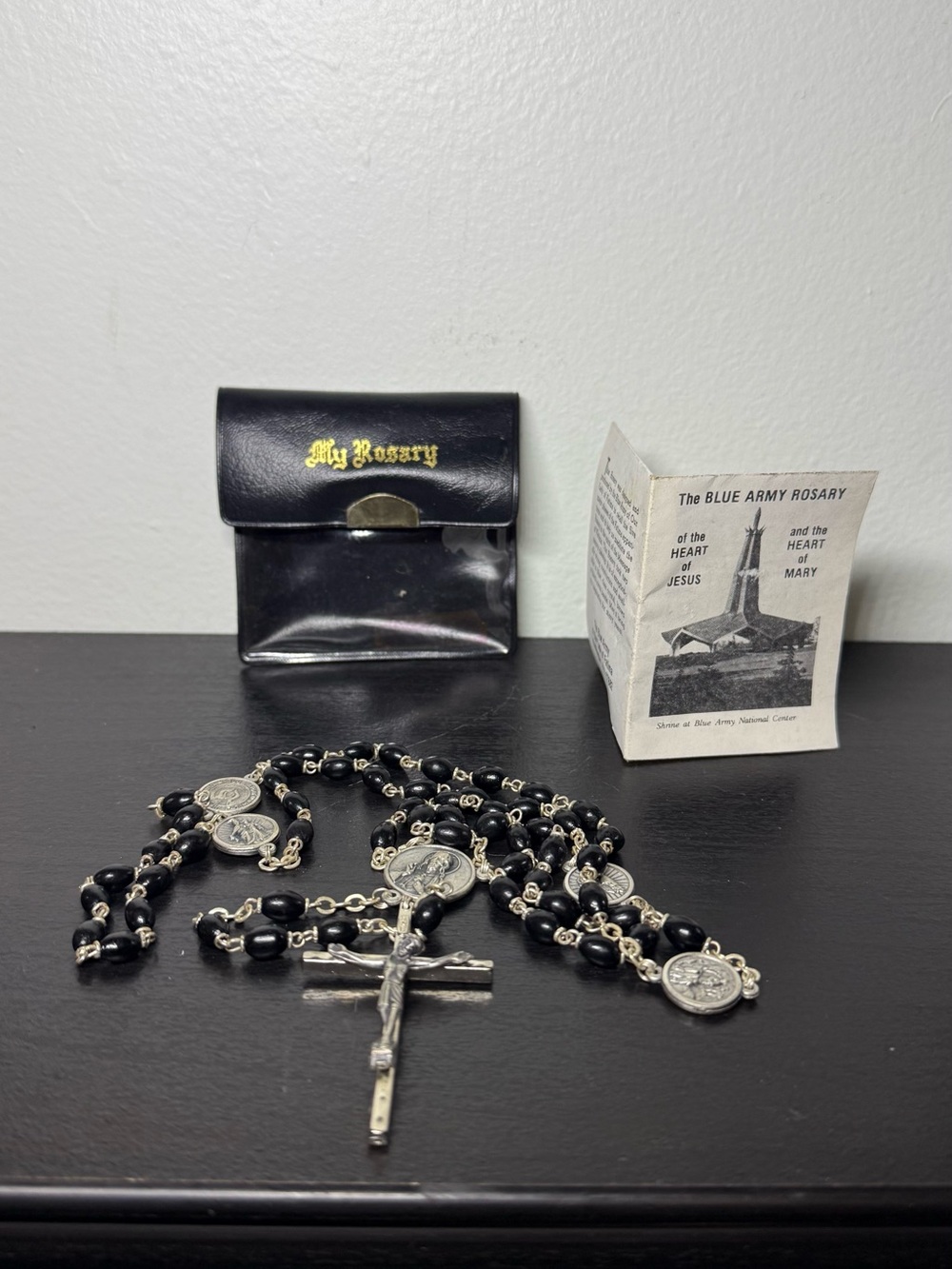 Vintage 1980s Blue Army Rosary St. Benedict Crucifix With Black Beads & Prayer